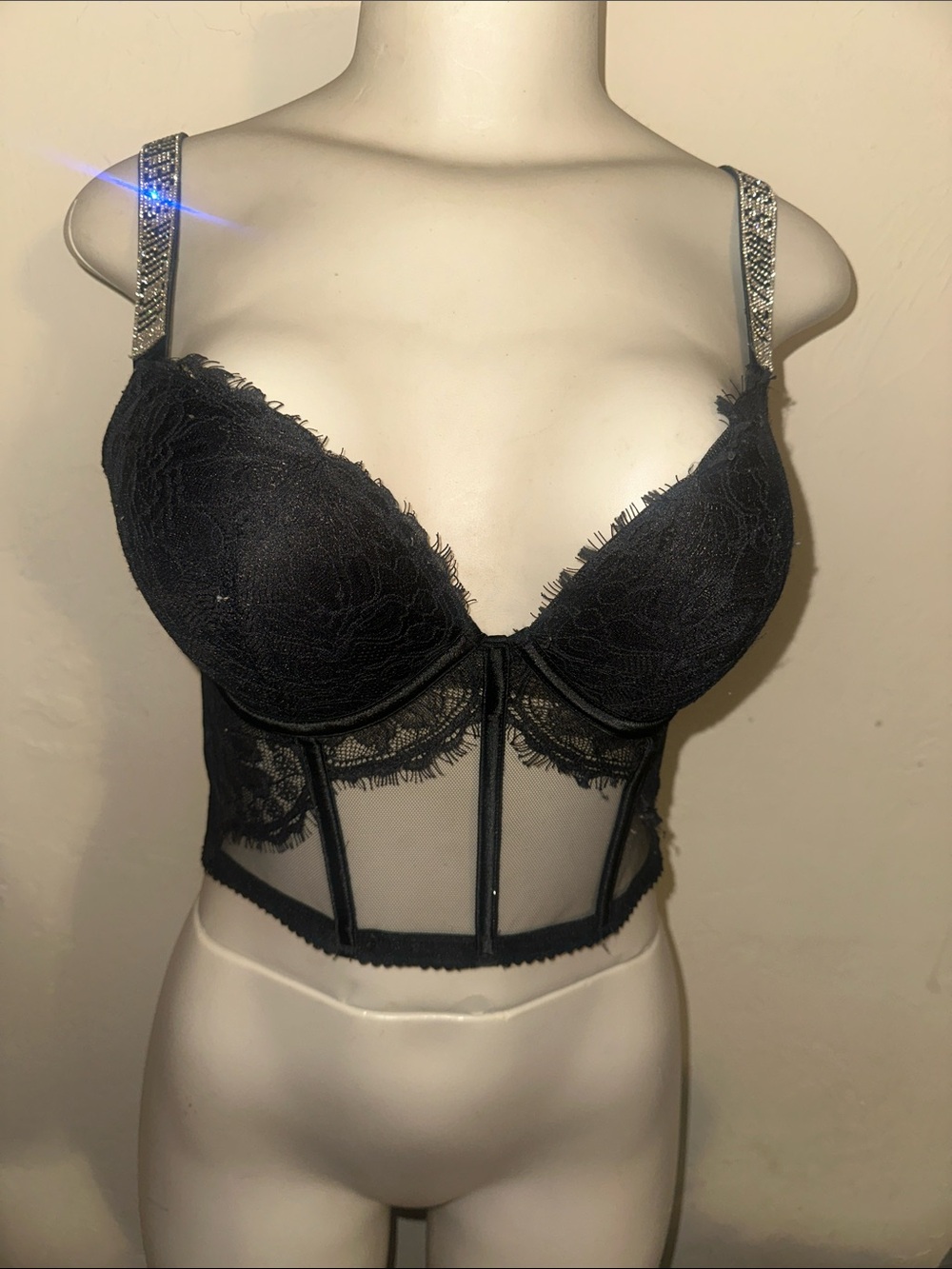 Victoria's Secret Black Lace Longline Bra with Rhinestone Straps